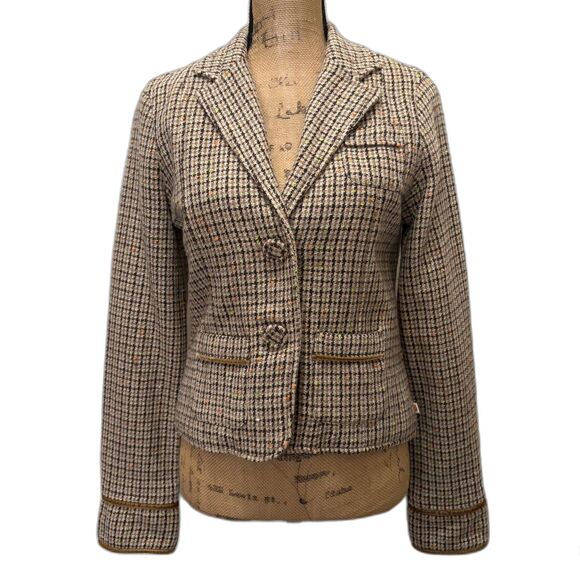 Y2K Hollister Tweed Blazer Tan Wool Blend Velvet Accent Academia Size Large - Picture 1 of 5